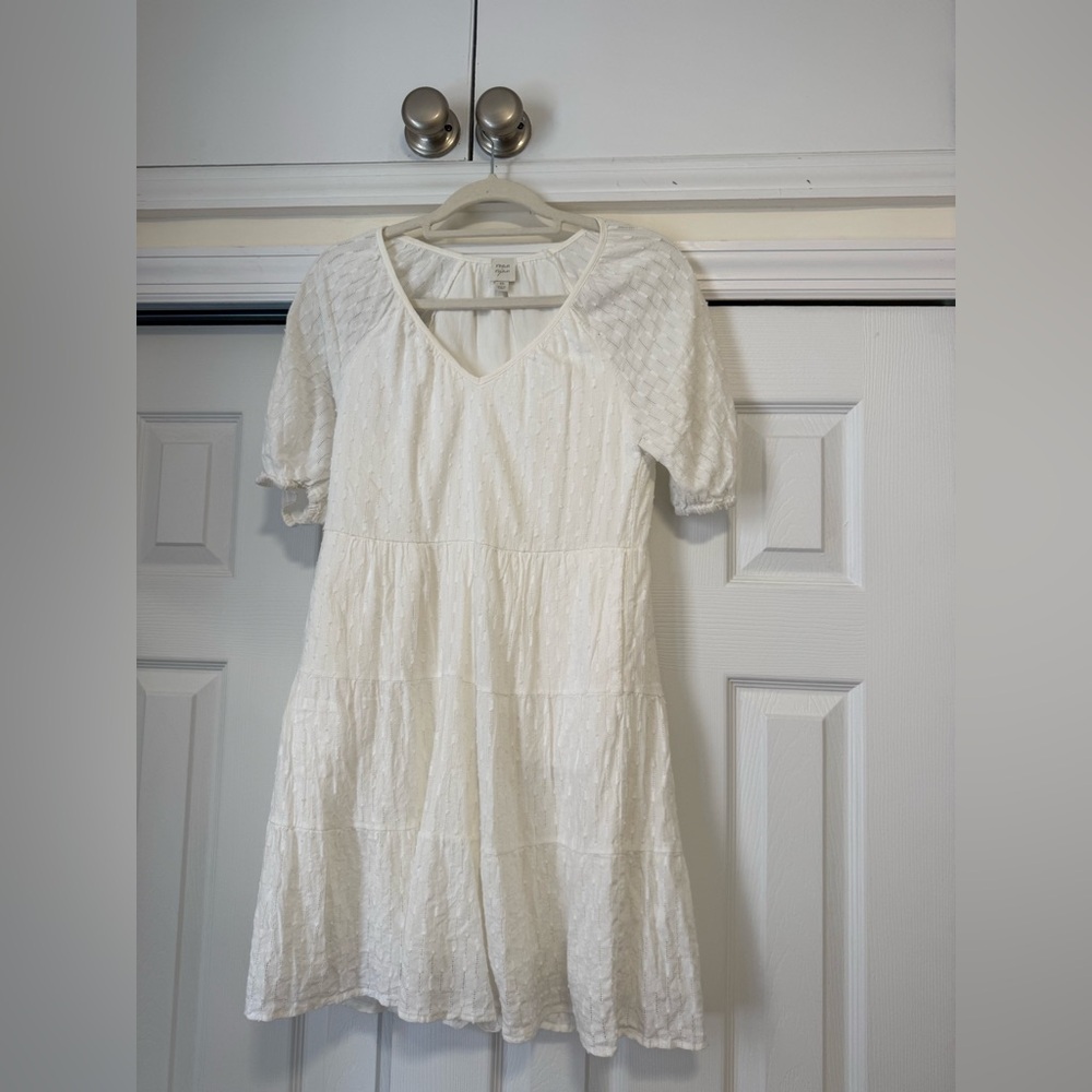White V-Neck Textured Tiered Dress